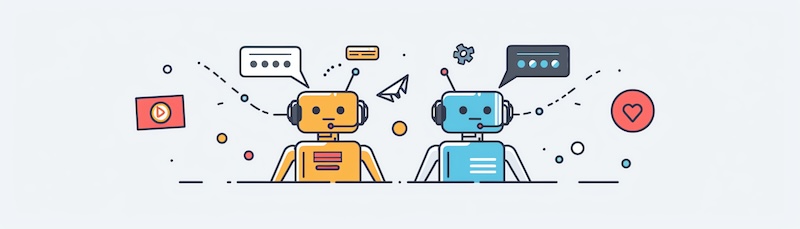 A colorful illustration of two robots with headsets, one orange and one blue, depicting Google review bots. They are surrounded by various icons, including speech bubbles, a gear, a heart, and a play button. Dotted lines connect some of the elements, suggesting communication.