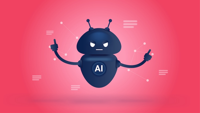 Illustration of a dark blue robot with antennas and a stern expression, floating against a pink background. The robot, possibly inspired by google review bots, has "AI" written on its torso, and its arms are extended outward with fingers pointing upwards. Abstract lines and dots surround the robot.
