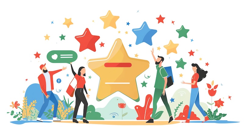Illustration of four people interacting with colorful stars in a vibrant, nature-themed setting. One person holds a green chat bubble, another reaches for a blue star, while others engage with the stars around them. Plants and abstract shapes decorate the background, almost like playful Google review bots in action.