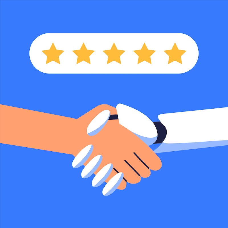 A Google review bot shaking hands with a customer.