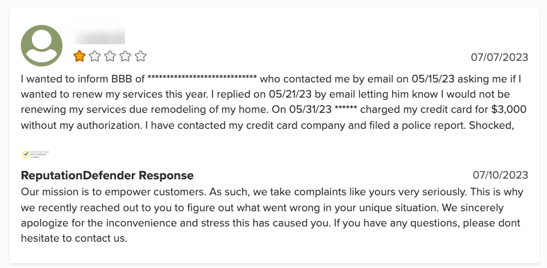 A customer complaint detailed unauthorized credit card charges after declining service renewal, with ReputationDefender swiftly responding with an apology for the inconvenience and offering assistance to resolve the issue.