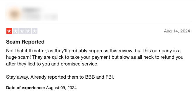 A negative one-star review dated August 14, 2024, accuses the company of being a scam, swiftly taking payments but slow to refund after failing to deliver services. The reviewer claims to have reported them to the BBB and FBI, urging others to consider a reputation defender before engaging.