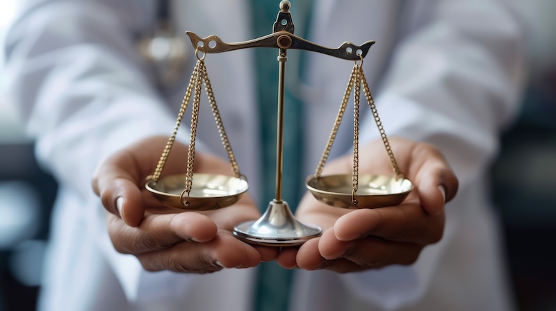 A person in a white coat, embodying a reputation defender, holds a small brass balance scale symbolizing justice. The focus is on the scale, with hands slightly blurred in the background, capturing the essence of fairness and integrity.