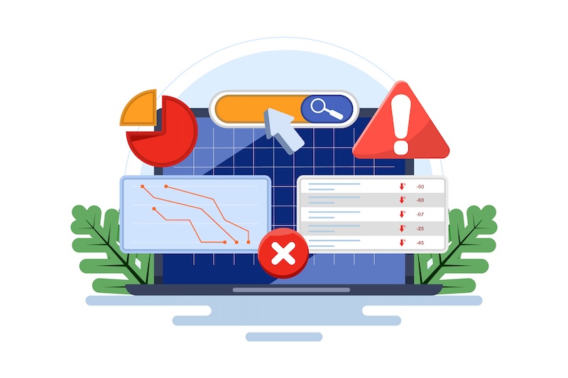 Illustration of a laptop showing data visuals like graphs, charts, and warning symbols. A pie chart, line graph, magnifying glass icon, and exclamation mark hint at data analysis or search errors. Green leaves frame the laptop, symbolizing how a reputation defender safeguards your digital presence.