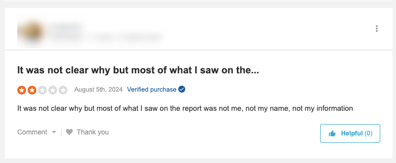 Screenshot of an online review rated 2 out of 5 stars. The reviewer expresses confusion about the report, noting it didn't accurately reflect their identity or information. Despite its potential as a reputation defender, the "Helpful" button shows 0 votes.