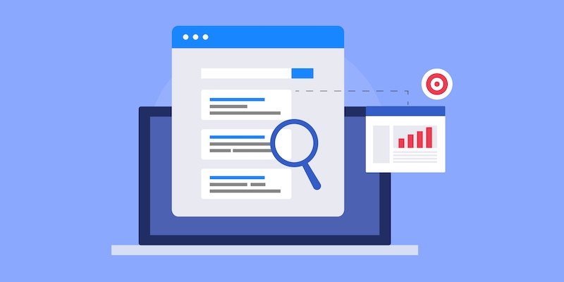 Illustration of a laptop displaying a web search interface, featuring a magnifying glass highlighting search results. Next to the laptop is a bar graph with a target symbol, hinting at data analysis, SEO concepts, or even strategies to remove search results from Google. The background is light blue.