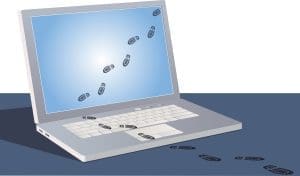 Illustration of an open laptop on a desk displaying a blue screen with black boot prints crossing the keyboard, screen, and surrounding area, creating a visual metaphor for digital footprints or online activity tracking.