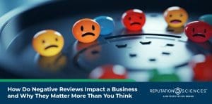 A group of sad face emojis is scattered across a dark surface. Text at the bottom reads, "Negative Reviews Impact Your Business and Why They Matter More Than You Think" with the Reputation Sciences logo.