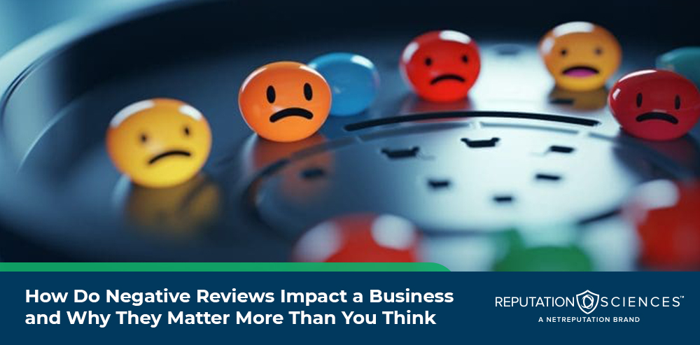 A group of sad face emojis is scattered across a dark surface. Text at the bottom reads, "Negative Reviews Impact Your Business and Why They Matter More Than You Think" with the Reputation Sciences logo.