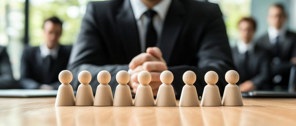 A row of wooden figurines sits on a table in the foreground, symbolizing a team or group. In the background, a person in a suit with folded hands is partially visible, flanked by others also in suits, suggesting a professional or business setting.