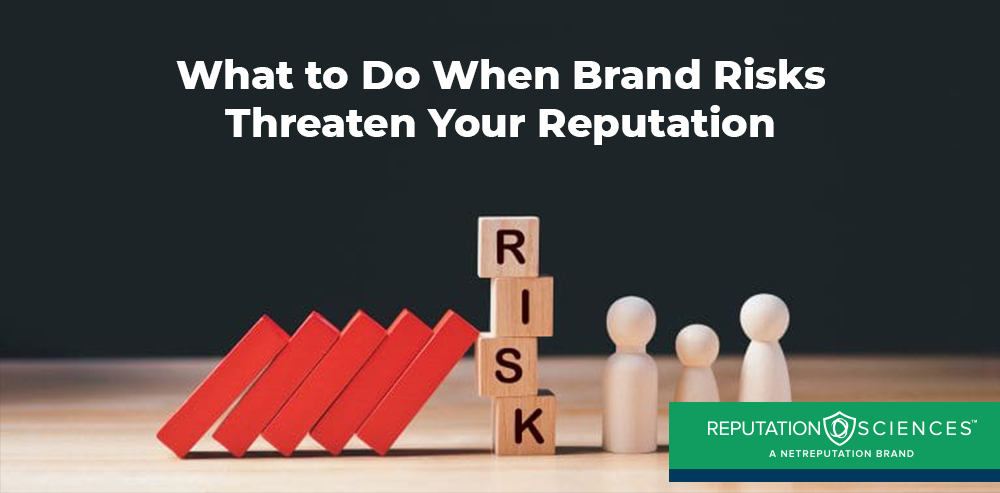 The image shows wooden blocks spelling "RISK" falling like dominos towards a group of wooden figures, illustrating brand risks in motion. Text reads "What to Do When Brand Risks Threaten Your Reputation." A green banner with "Reputation Sciences" appears at the bottom.