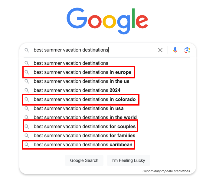 A Google search page is shown with the query "best summer vacation destinations." The autocomplete suggestions include: in Europe, 2024, in Colorado, in the world, for couples, and Caribbean. Some suggestions are highlighted with a red box.