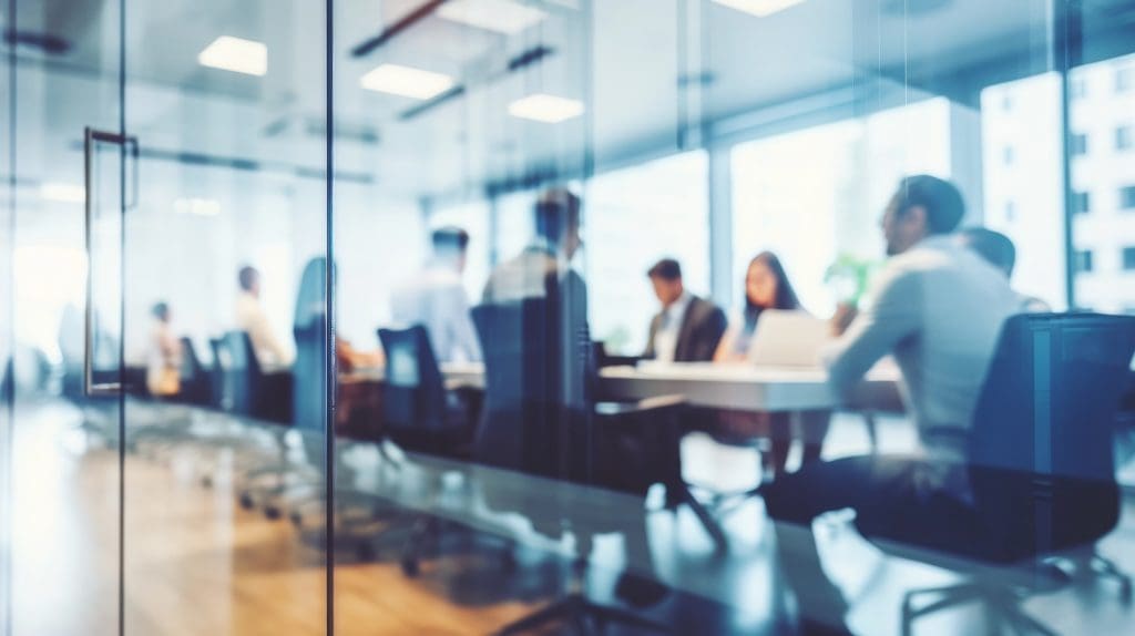 A group of people are seated around a conference table in a modern office with large windows. The scene is viewed through glass walls, creating a slight blur that enhances executive privacy. They appear to be engaged in a meeting or discussion. The room is bright and professional.