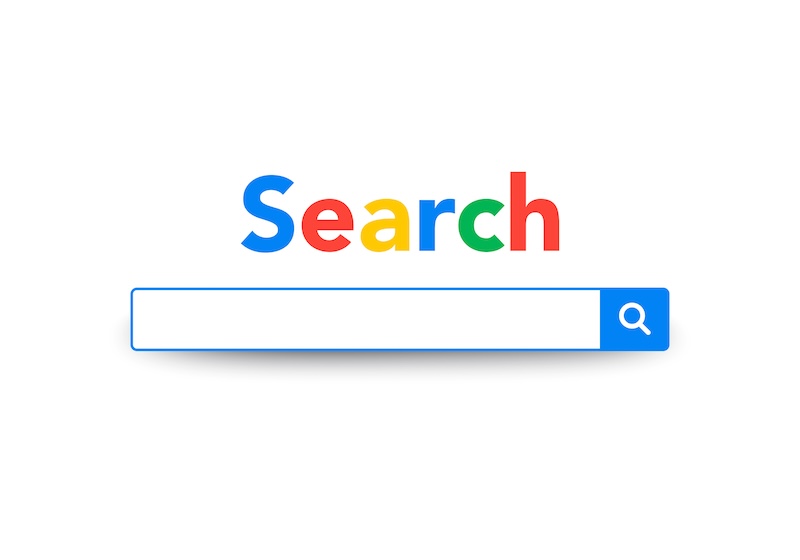 An illustration of a search engine interface. The word "Search" is displayed above a search bar with the letters colored blue, red, yellow, and green. The search bar is white with a blue magnifying glass icon on the right.