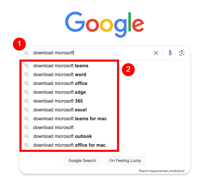 Screenshot of Google search with "download microsoft" typed in the search bar. Displayed suggestions include Teams, Word, Office, Edge, 365, Excel, Teams for Mac, Project, Outlook, and Office for Mac. Two red markers highlight the search bar and suggestions box.