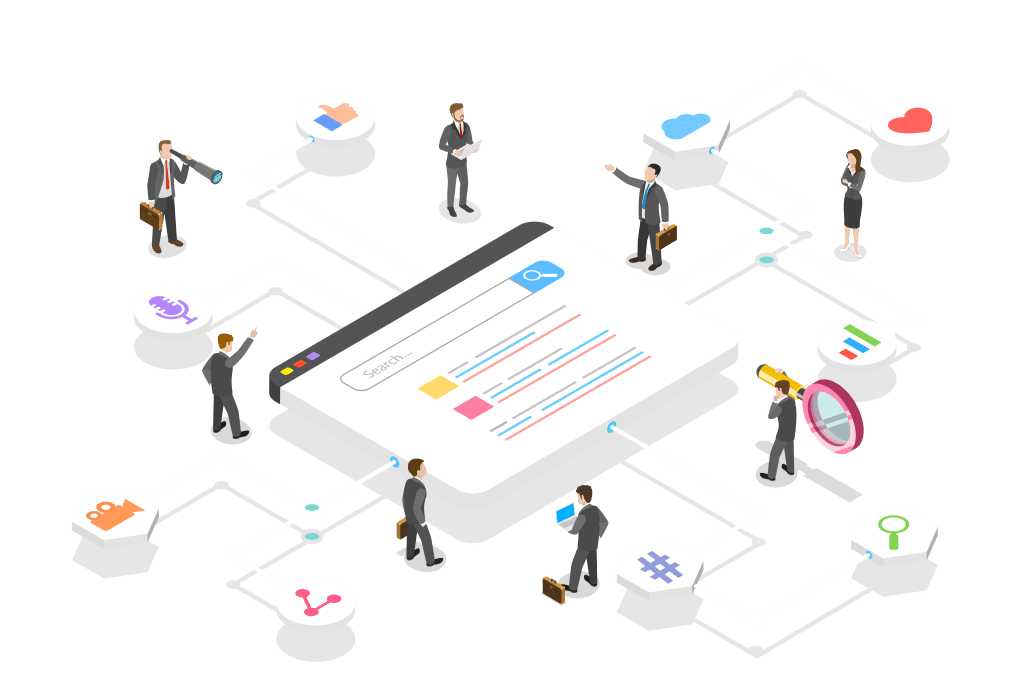 Illustration of businesspeople interacting with a central search engine concept. They are connected by lines to icons representing various topics like music, location, heart, and charts, symbolizing network and information sharing.