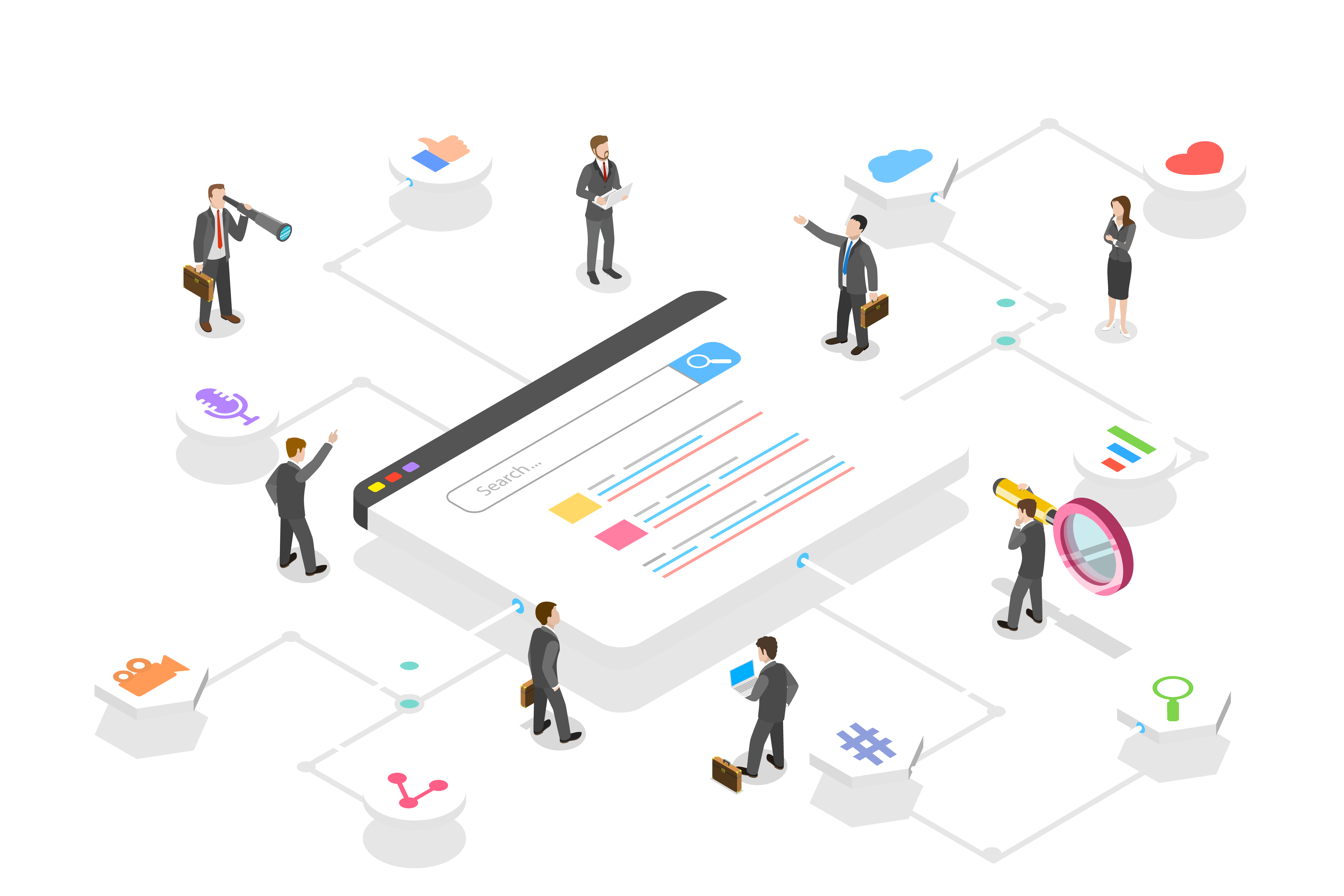 Illustration of businesspeople interacting with a central search engine concept. They are connected by lines to icons representing various topics like music, location, heart, and charts, symbolizing network and information sharing.