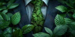 A person wearing a dark suit with a tie covered in green foliage stands as a symbol of corporate social responsibility. The lush green leaves surrounding them create a natural, harmonious blend, echoing an organization's commitment to environmental sustainability.