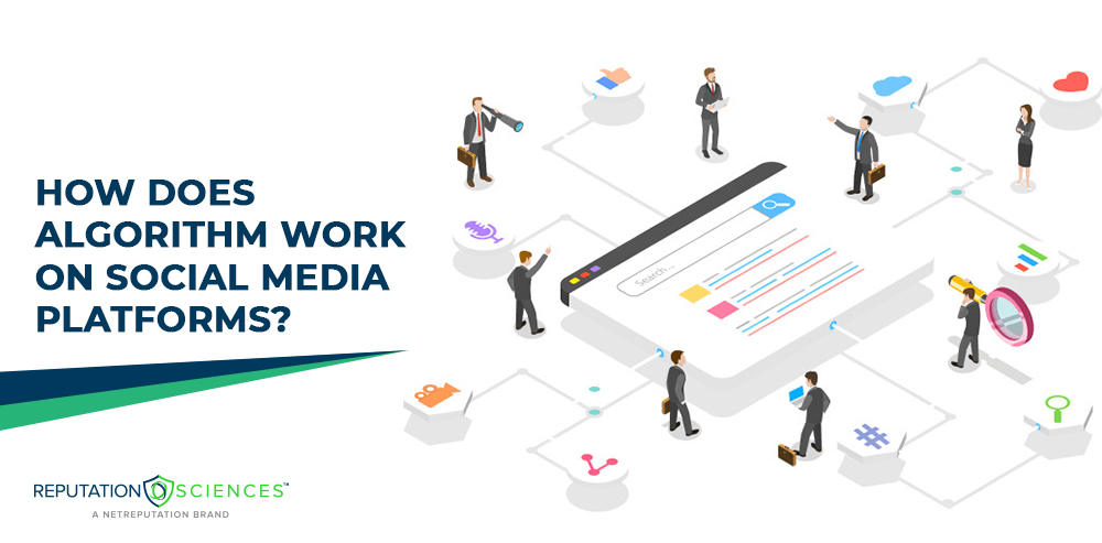 Illustration of businesspeople interacting with a gigantic tablet showcasing search features. Surrounding icons like a magnifying glass, gears, and graphs symbolize social media algorithms. Text reads, "How do algorithms work on social media platforms?.