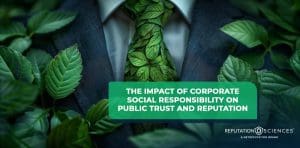 A person wearing a suit with a green leaf pattern tie stands surrounded by vibrant green leaves. Text overlay reads, "The Impact of Social Responsibility for Corporations on Public Trust and Reputation." The Reputation Sciences logo is prominently displayed.