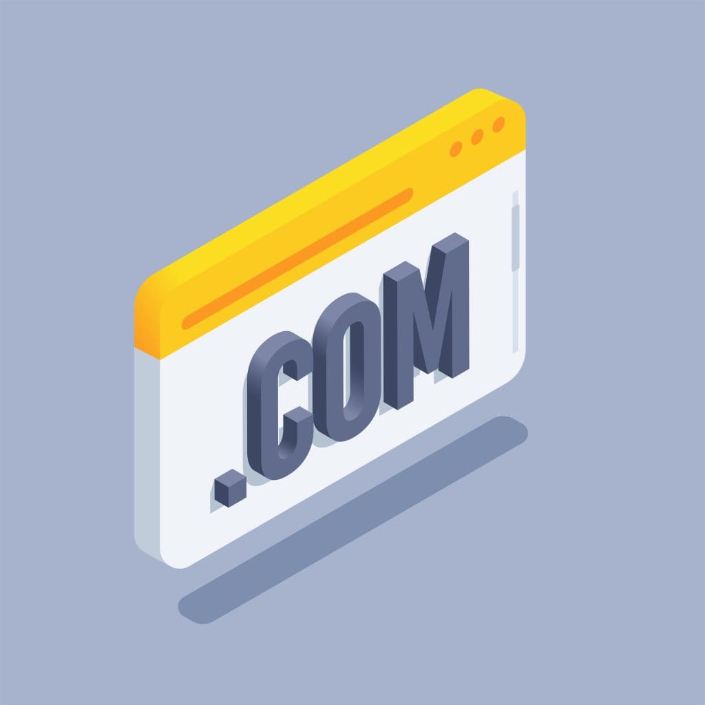 An isometric illustration of a web browser window with a yellow top bar and large "COM" text protruding from the screen, symbolizing a ".com" domain. The background is light gray.