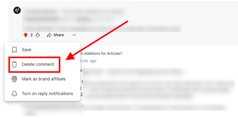 A screenshot of a Reddit comment thread with a dropdown menu visible showcases various options such as "Save," "Delete comment," and "Turn on reply notifications." An arrow highlights the option for reddit removal, pointing directly to "Delete comment.