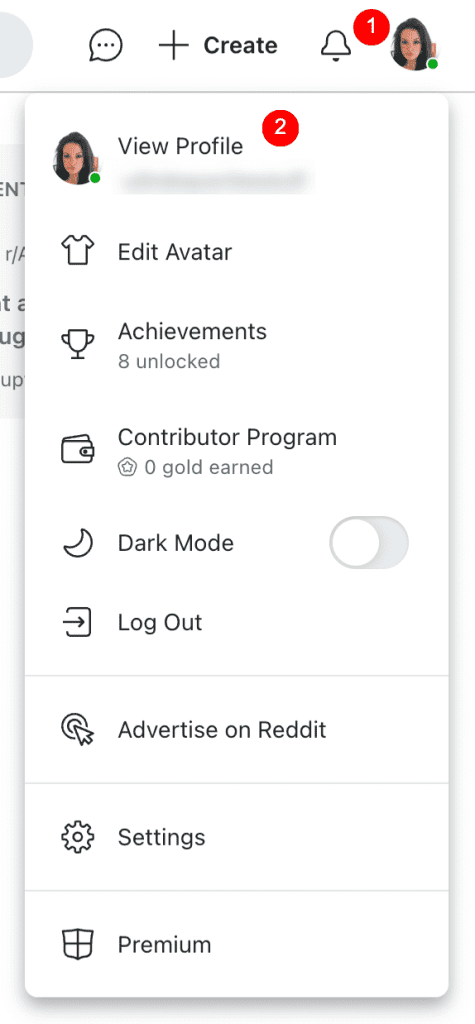 Screenshot of Reddit user menu featuring options like View Profile, Edit Avatar, Achievements, and the Contributor Program. It also includes settings for Dark Mode toggle, Log Out, Advertise on Reddit, and Premium. Notifications pop up as red dots. Consider Reddit removal for streamlining alerts.