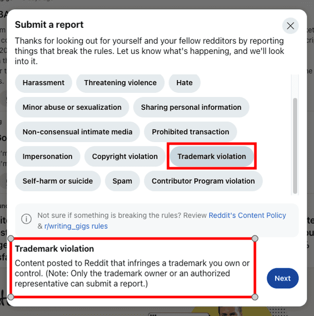 Screenshot of Reddit's "Submit a report" screen, displaying categories like harassment and copyright violation. "Trademark violation" is selected, with an explanatory message at the bottom guiding users through the Reddit removal process for trademark issues.