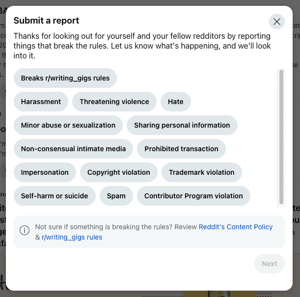 Reddit report submission dialog features options for flagging content: breaks r/writing_gigs rules, harassment, threatening violence, hate, minor abuse or sexualization, sharing personal information, non-consensual intimate media, prohibited transaction, among other reddit removal reasons.