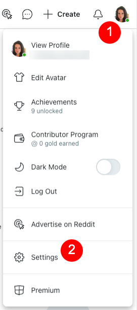 The user interface features a dropdown menu with options like "View Profile," "Edit Avatar," "Achievements," and "Dark Mode." Icons for notifications, settings, and even a nod to Reddit in the form of a discreet “Contributors Program” are also visible.