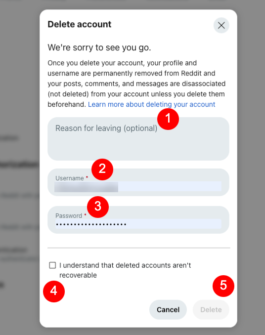 A "Delete account" confirmation window includes fields for: 1) Reason for leaving (optional), 2) Username, 3) Password, and a checkbox to confirm understanding that deleted accounts aren't recoverable. Hit Cancel or Delete to proceed with your reddit removal decision.