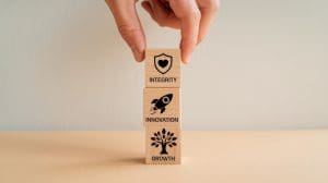 A hand stacks three wooden blocks with symbols and words: a shield and heart labeled "Integrity," a rocket labeled "Innovation," and a tree labeled "Growth." Amidst these positive values, awareness of brand risks remains crucial. The background is a neutral, light color.