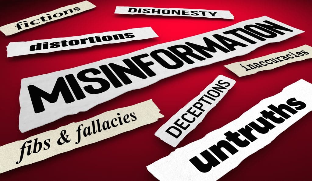 Torn paper snippets with words: "MISINFORMATION," "distortions," "fictions," "dishonesty," "inaccuracies," "deceptions," "fibs & fallacies," and "untruths," against a red background.