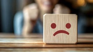 A wooden block with a sad face is in focus on a table. In the blurred background, a person appears to be sitting, possibly expressing frustration with clenched fists.