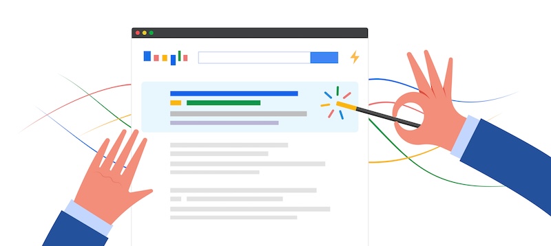 Illustration of a web browser page showing a search engine result. One hand holds a wand, pointing to a highlighted search result, while the other hand makes an "OK" gesture. Colorful lines and icons surround the page.