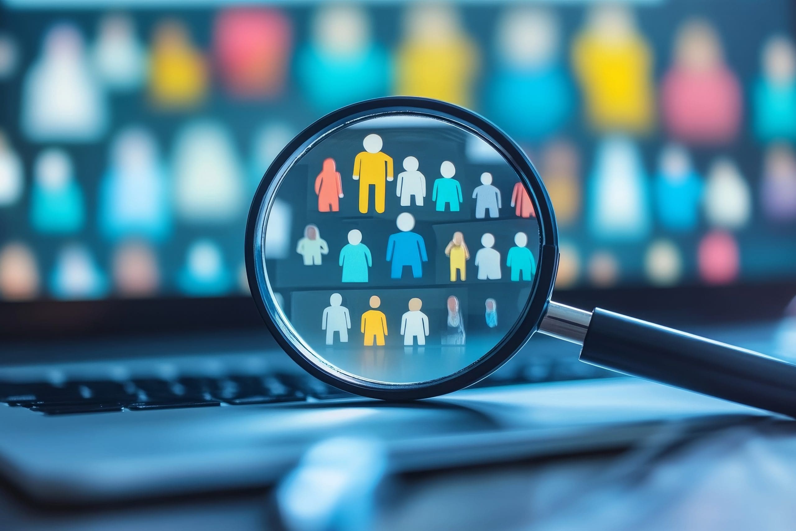 A magnifying glass focuses on various colorful icons of people displayed on a computer screen. The screen is blurred, emphasizing the diverse human symbols inside the magnifying glass, suggesting analysis or focus on diversity.