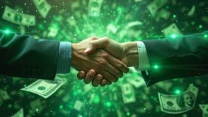 Two people in business suits shaking hands against a vibrant green background. U.S. dollar bills are floating around them, and green sparkles add a dynamic effect, suggesting prosperity or successful financial dealings.