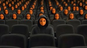 A large group of people seated in rows, all wearing orange masks with black hoods. They are in a theater or auditorium setting, and their masks have oval black eye holes, creating a uniform and mysterious atmosphere.