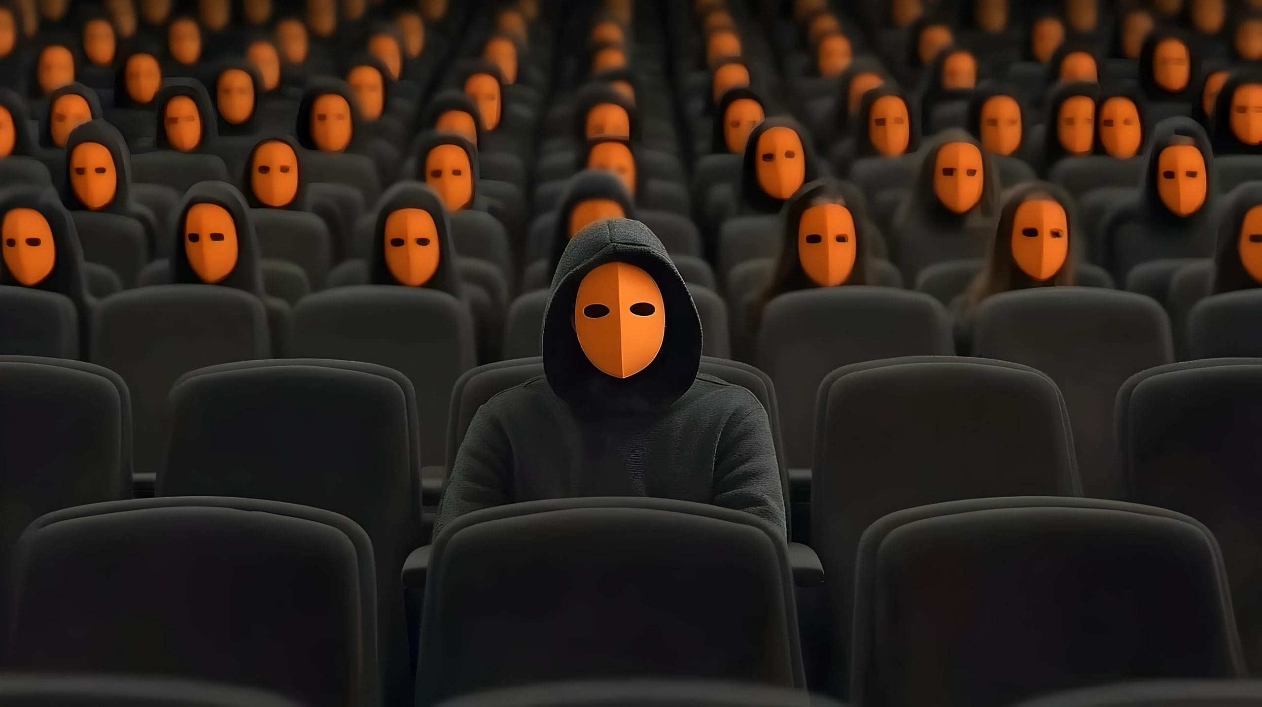 A large group of people seated in rows, all wearing orange masks with black hoods. They are in a theater or auditorium setting, and their masks have oval black eye holes, creating a uniform and mysterious atmosphere.