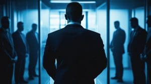 A man in a suit stands with his back to the camera, facing a group of similarly dressed individuals. The scene has a blue tint and takes place in a sleek, modern hallway with glass walls.