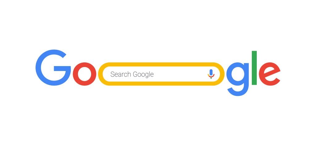 The Google logo with an exaggerated, elongated letter "o" forming a yellow search bar containing the phrase "Search Google" and a microphone icon.