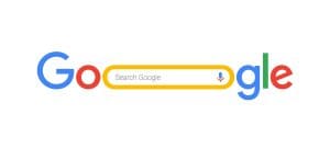 The Google logo with an exaggerated, elongated letter "o" forming a yellow search bar containing the phrase "Search Google" and a microphone icon.